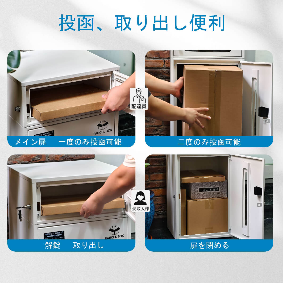 HIROMORI HR002 宅配ボックス上下段を開けた内部 ポストと宅配ボックス一体化