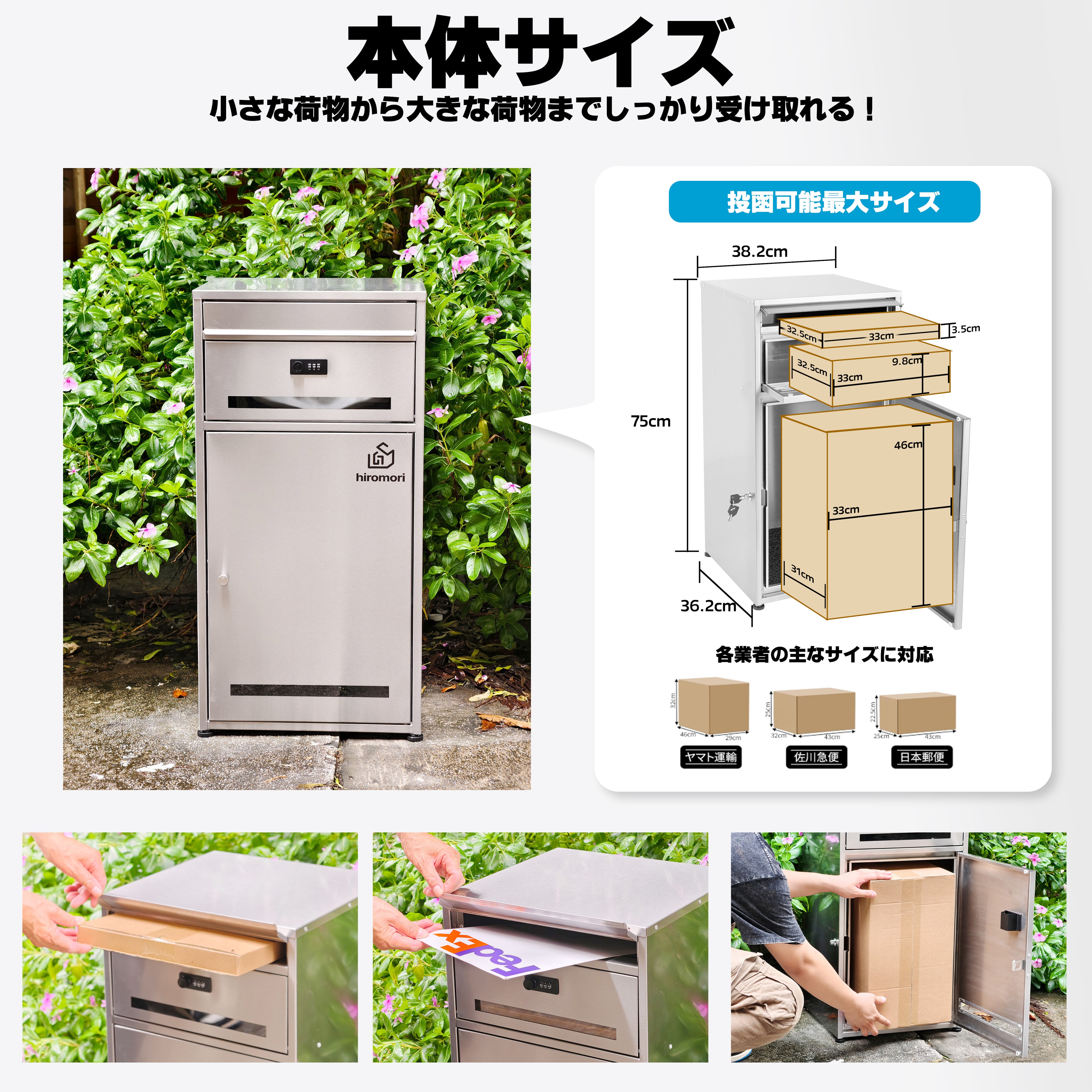 HR004 ステンレス製 ポスト一体型宅配ボックス 二段式・90L大容量｜防水・盗難防止・屋外対応