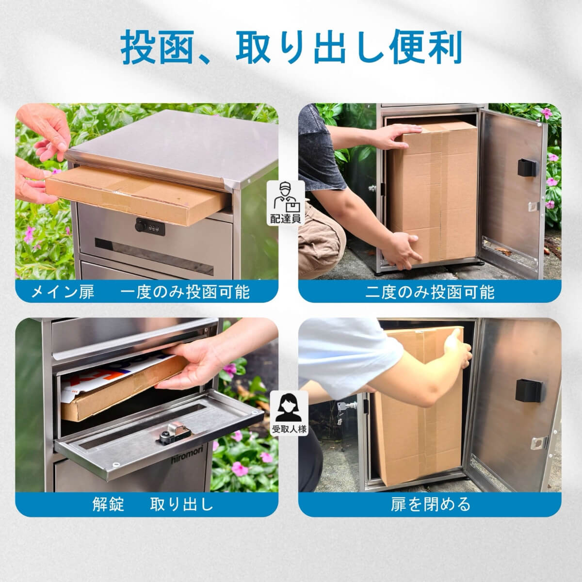 HIROMORI HR004 宅配ボックス 上下段を開けた状態 大容量収納スペース