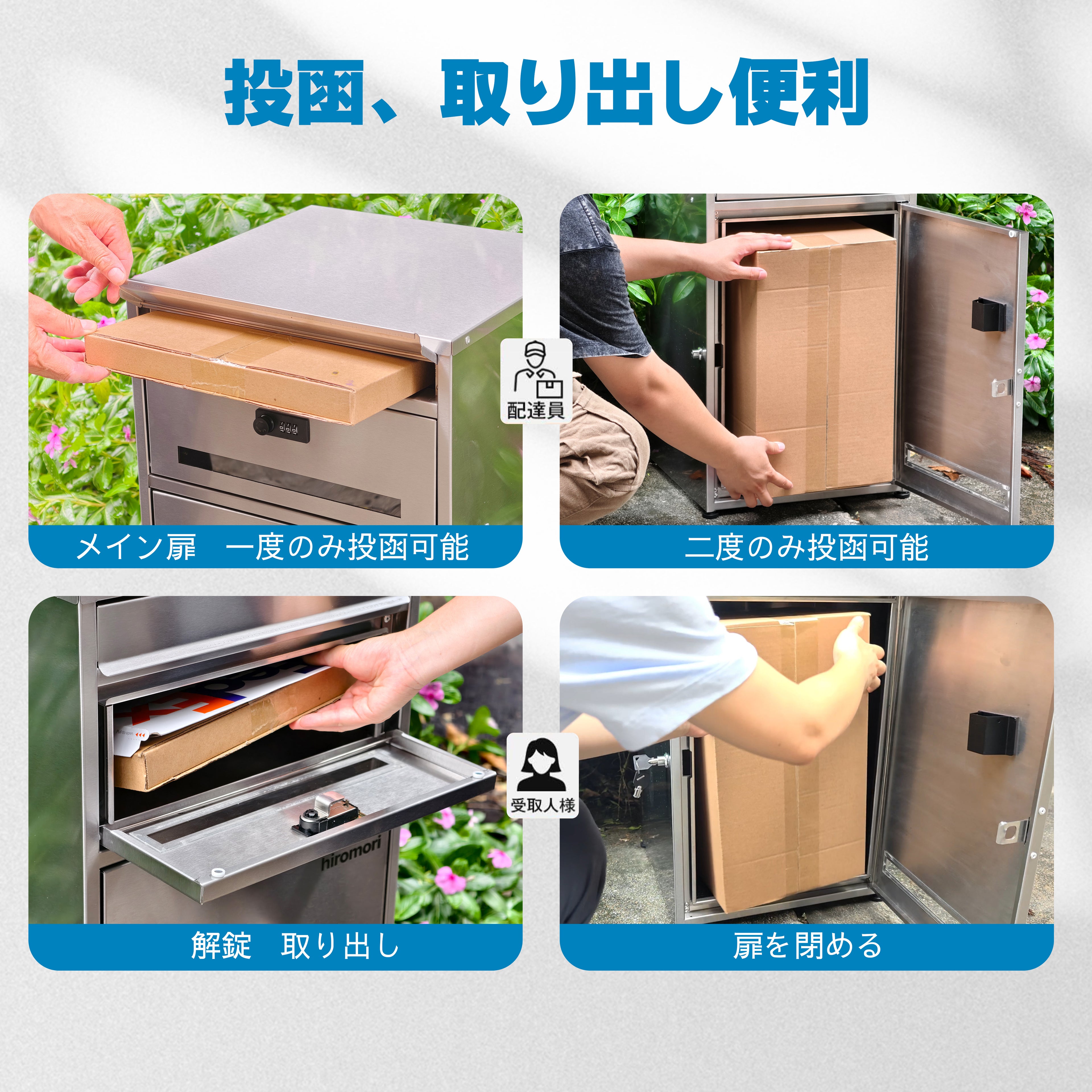 HR004 ステンレス製 ポスト一体型宅配ボックス 二段式・90L大容量｜防水・盗難防止・屋外対応